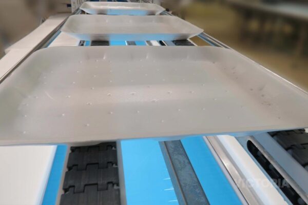 Rod network conveyor belt suitable for transporting trays